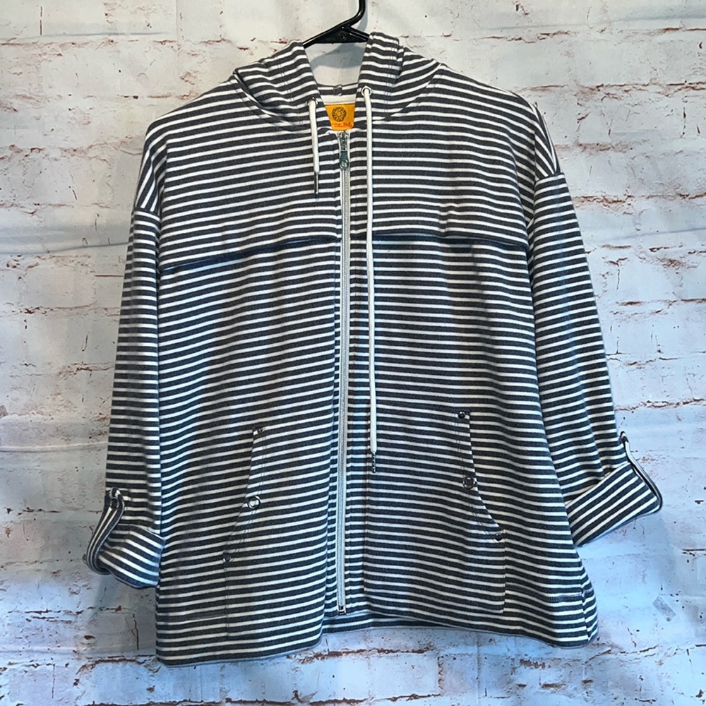Ruby Road Jacket Women Petite Small PS Charcoal Grey White Striped Full Zip Hood